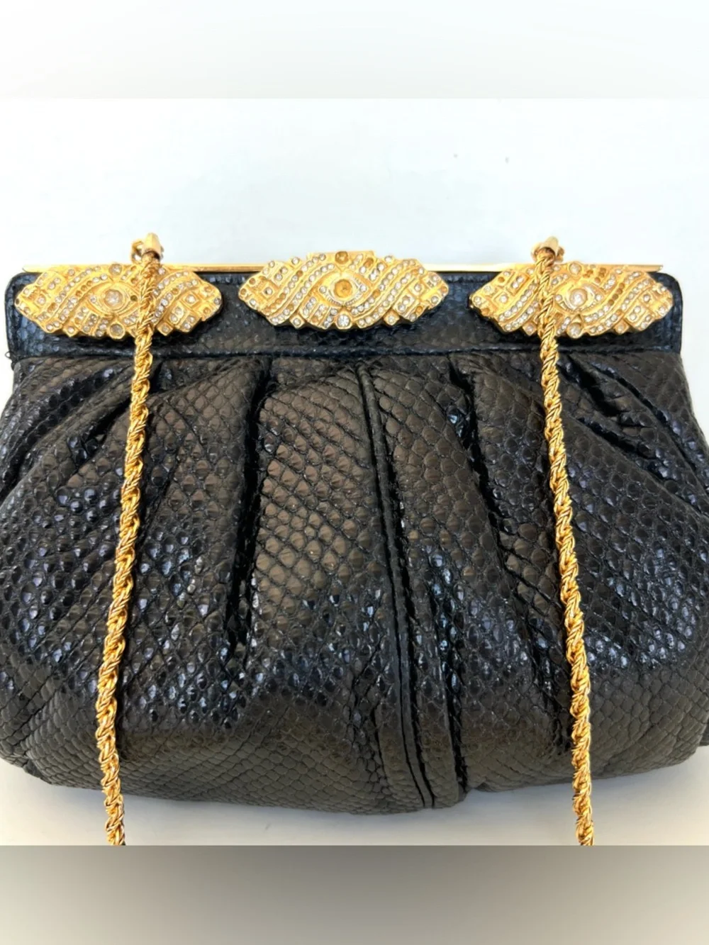 CAROL FIORI Italy Vintage Black Snake Leather Rhinestone Cocktail Evening Purse